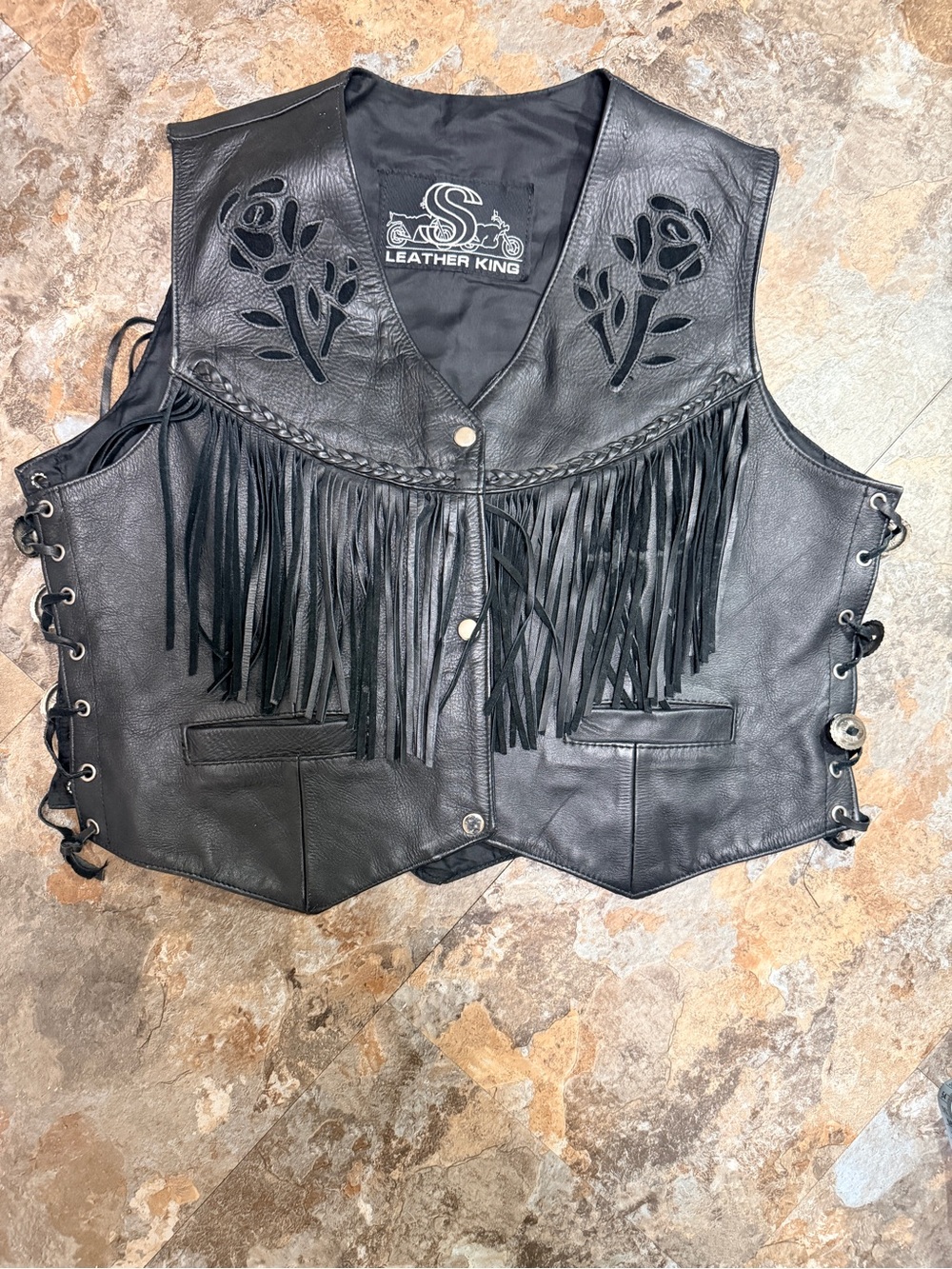 Leather King Black Fringe Womens Leather Vest